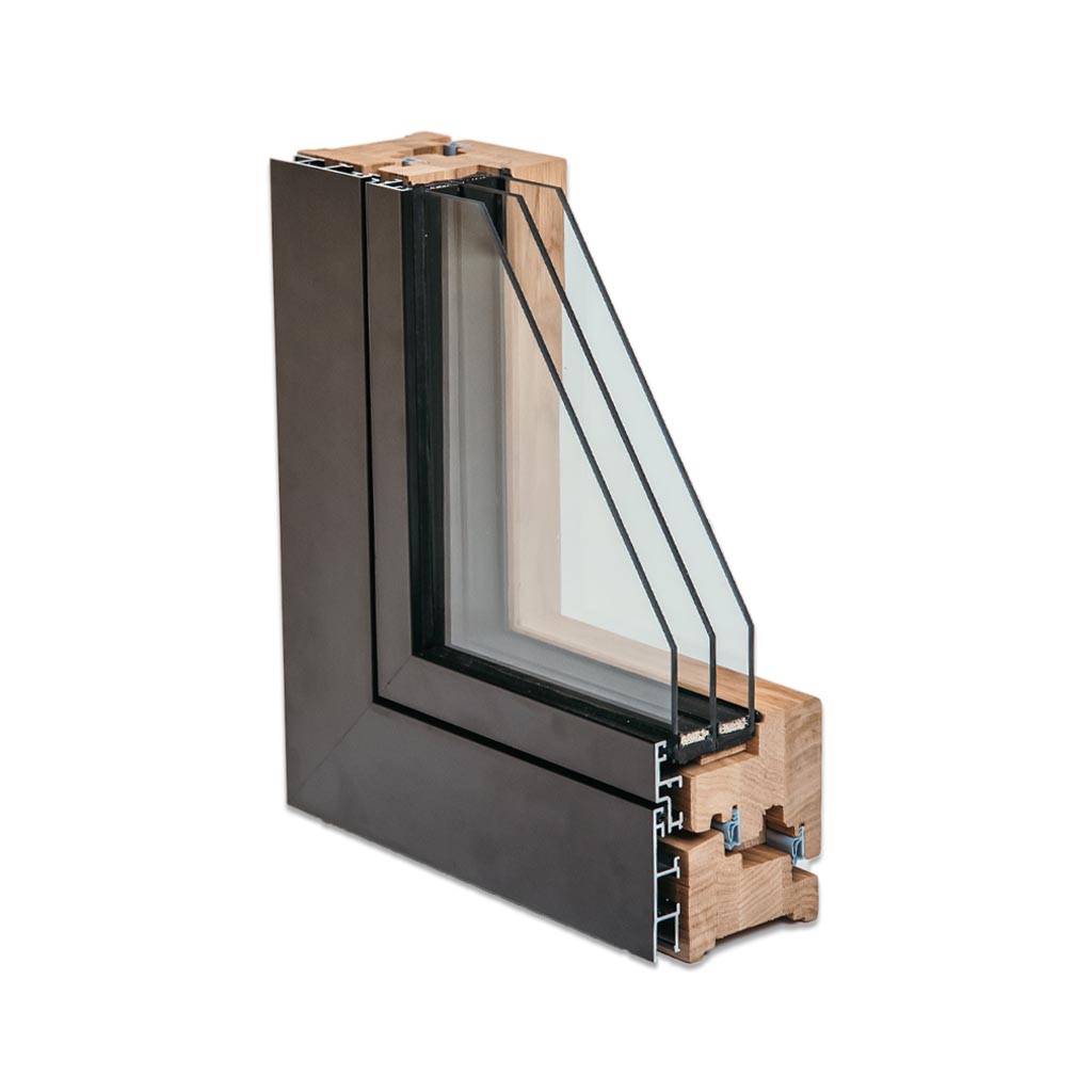 Presek ALU-LES okna, ki združuje naravno lepoto lesa in vzdržnost aluminija.