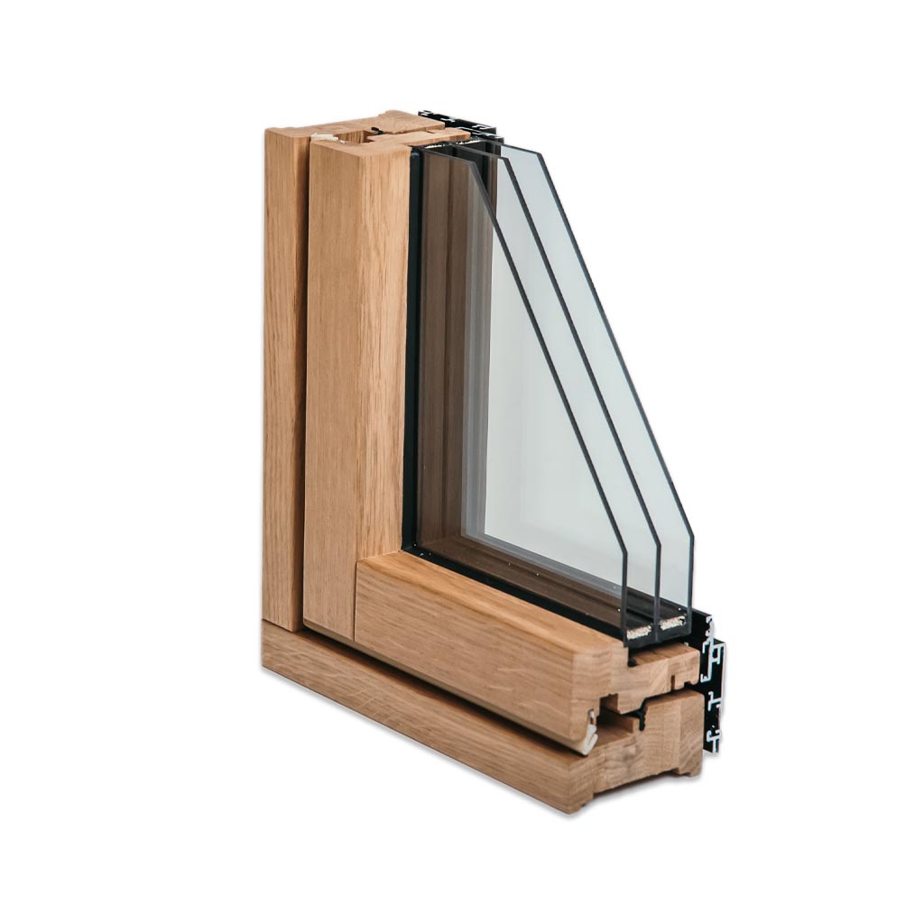 Presek ALU-LES okna, ki združuje naravno lepoto lesa in vzdržnost aluminija.