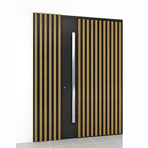 Vrata iz aluminija s steklenimi paneli in lesenimi detajli - elegantna in varna izbira za vaš dom.